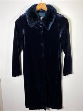 Vintage Maxou Kids Girls Navy Velvet Coat Faux Fur Collar Made in USA